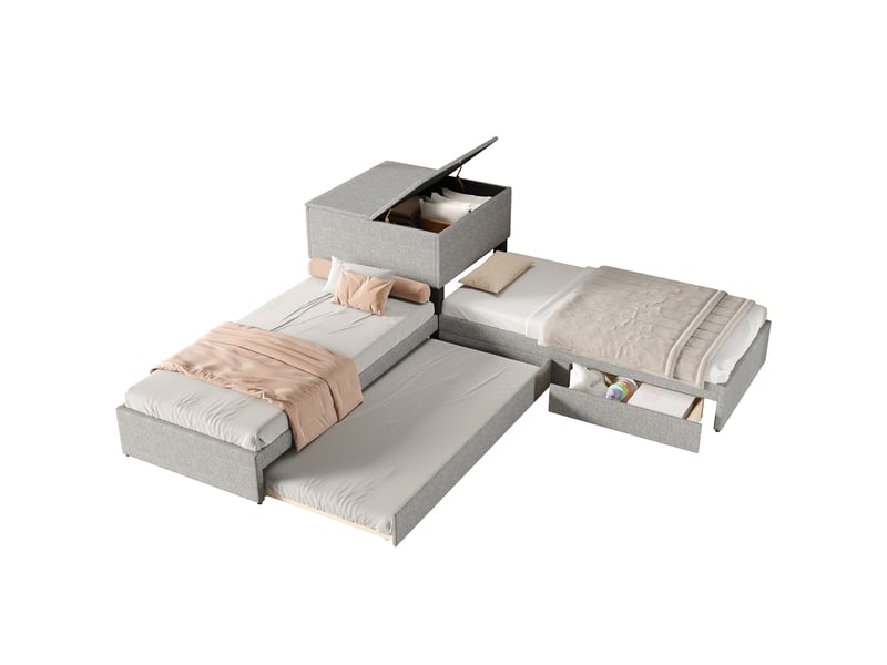  Lit d'angle 90x200 cm en lin gris avec lit gigogne 3 places et tiroirs de rangement  - Conforama A