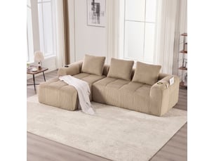 Canapé compact en velours modulaire avec poche latérale et porte-gobelet, 3 coussins, couleur kaki