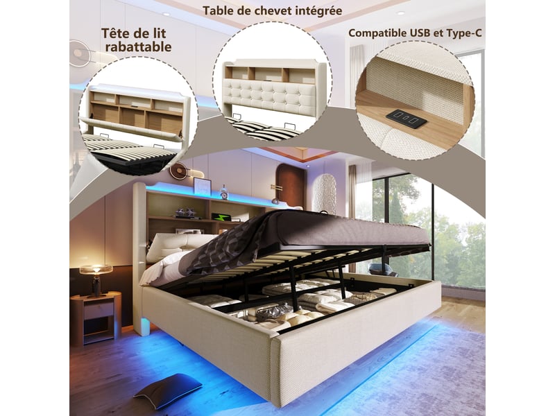  Lit coffre king size 180x200cm - lit suspendu design flottant avec éclairage led, tête de lit étagère, prises usb &amp; type-c, tissu lin beige evarich - Conforama D