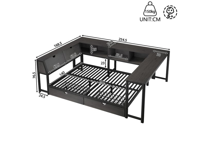  Lit double 140×200 cm avec bureau, 2 tiroirs et led  - sans matelas, mdf et métal - noir  - Conforama D