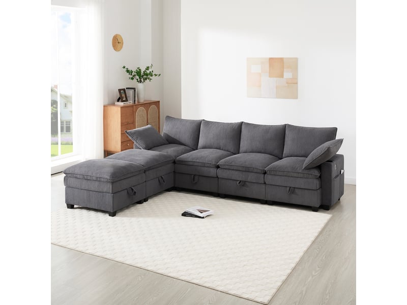  Canapé d'angle, canapé modulable, en velours côtelé, gris, porte-gobelets, repose-pieds, design moderne, usb  - Conforama E