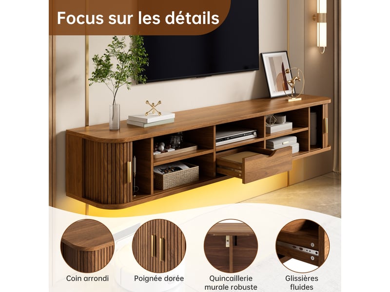  Meuble tv 175x30x30 cm, suspendu, extensible, éclairage led, commande par application, 1 tiroir, grand rangement pour salon - noyer  - Conforama E