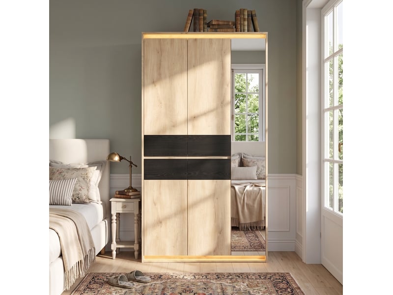  Armoire modenvie avec miroir et éclairage led 110 x 47 x 200 cm mdf chêne et anthracite  - Conforama D