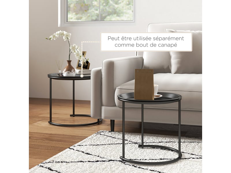  Lot de 2 tables basses rondes gigognes plateaux amovibles industriel style en acier  43 et  35 cm noir  - Conforama R
