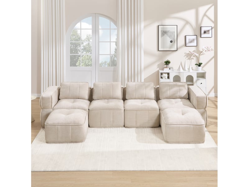  Canapé panoramique en u 4 places modulaire avec 2 repose-pieds et mousse 32d, en polyester beige, 344 × 162 × 67 cm  - Conforama B