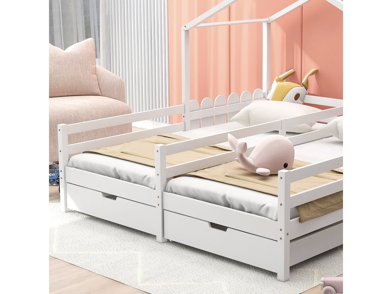  Lit cabane enfant 200x90cm blanc, deux tiroirs sur roues, sommier en pin et garde-corps  - Conforama E
