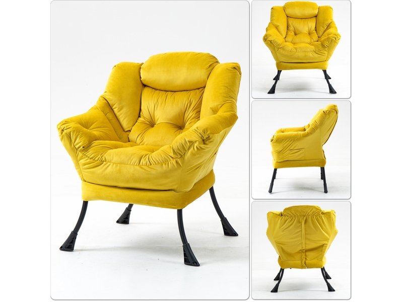 Fauteuil relax jaune à structure métallique avec poche latérale et appui-tête, idéal pour lire et se détendre  - Conforama D