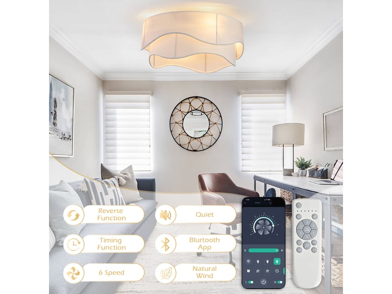  Ventilateur de plafond 50 cm éclairage led abs doré et blanc réversible 6 vitesses télécommande minuterie et mémoire abat-jour crème  - Conforama D