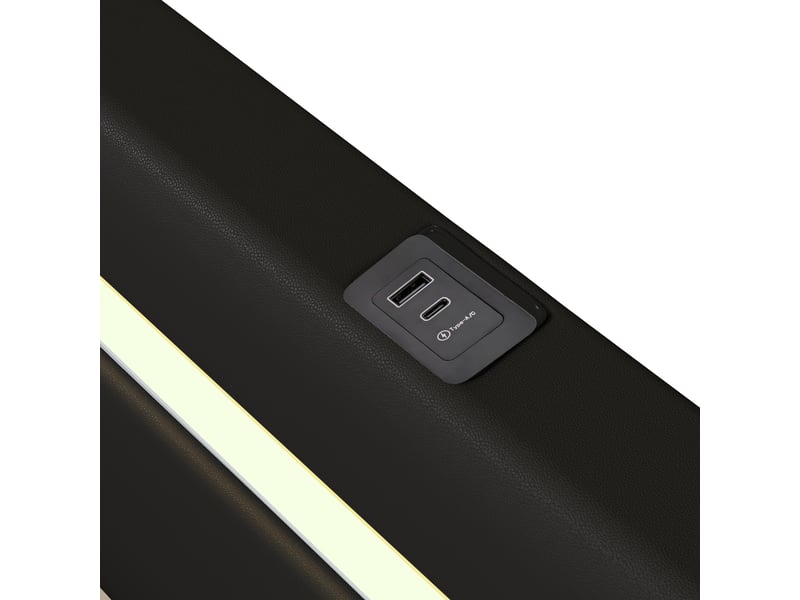  Lit coffre rembourré 160x200 cm noir en pu, led, bluetooth, 2 usb et rangement hydraulique Fay Lum - Conforama E