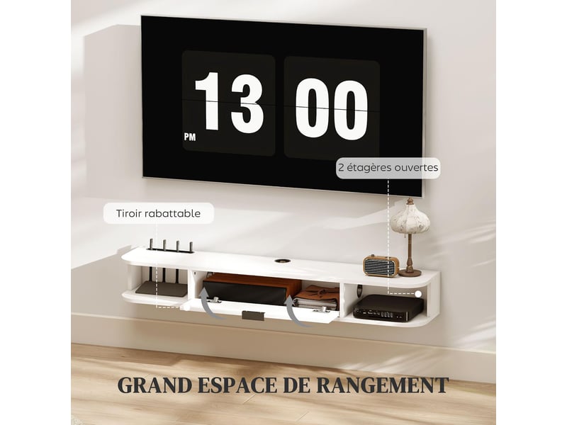  Meuble tv suspendu 1 tiroir rabattable et 2 étagères blanc 120x24x16 cm  - Conforama E