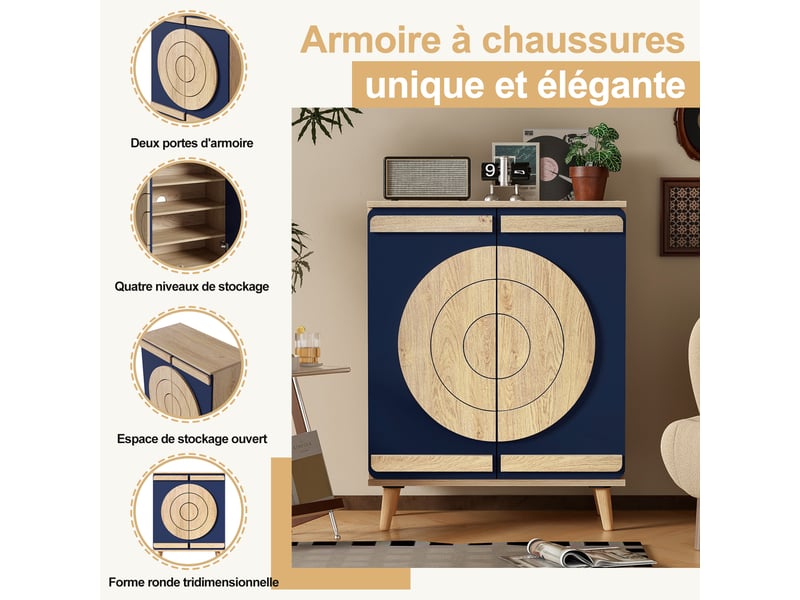  Meuble à chaussures design moderne 76x37x98.5 cm, portes rondes géométriques, rangement stable pour entrée  - Conforama E