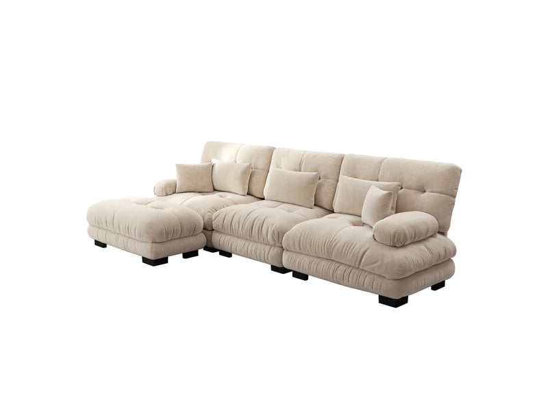  Canapé nuage d'angle modulable 3 places 313x145x81 cm avec pouf mobile, assise profonde, accoudoirs arrondis, chenille light coffee Radiant Stride - Conforama A