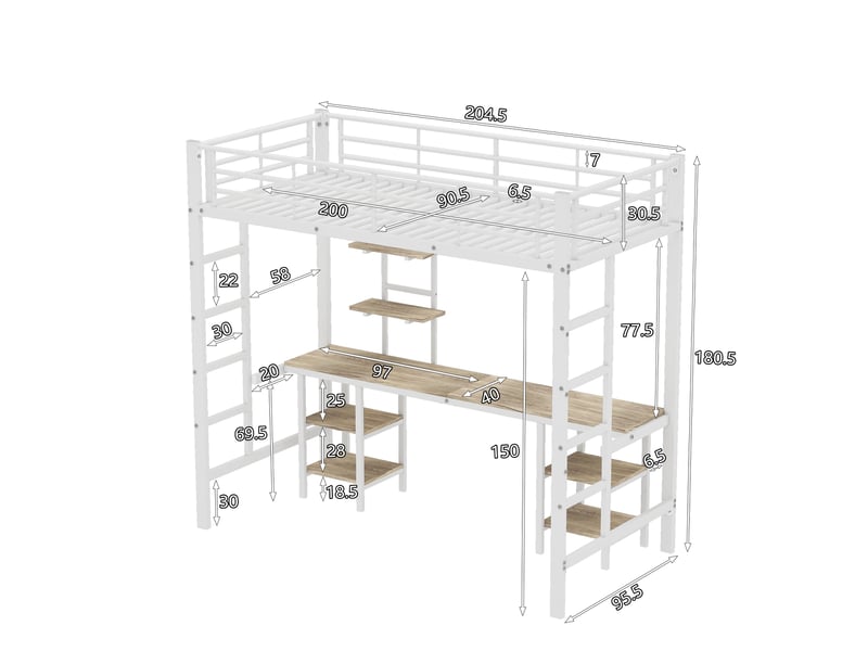  Lit mezzanine 90x200 cm avec bureau, lit surélevé gain de place avec étagères, échelle de sécurité, puor enfant et ado, métal et mdf, blanc  - Conforama E