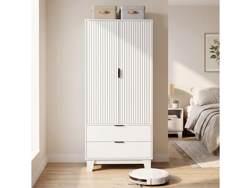  Armoire penderie florinine 2 portes cannelées 2 tiroirs blanc  - Conforama D