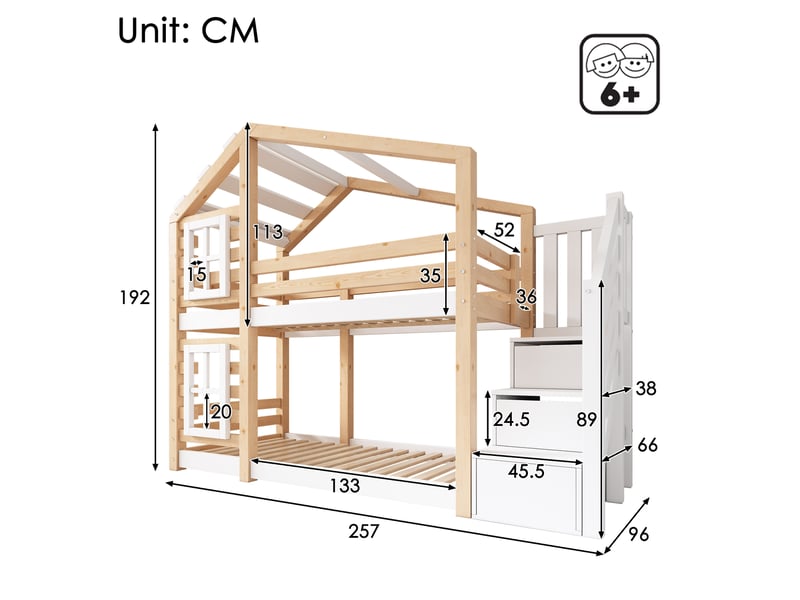 Lit superposé enfant cabane 90x200 avec rangements et barrières de sécurité evryae  - Conforama E
