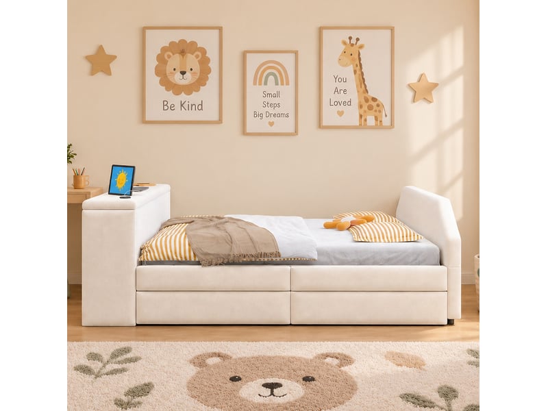  Lit enfant 90x200 cm avec bureau, usb et lit gigogne, velours beige, sans matelas  - Conforama W