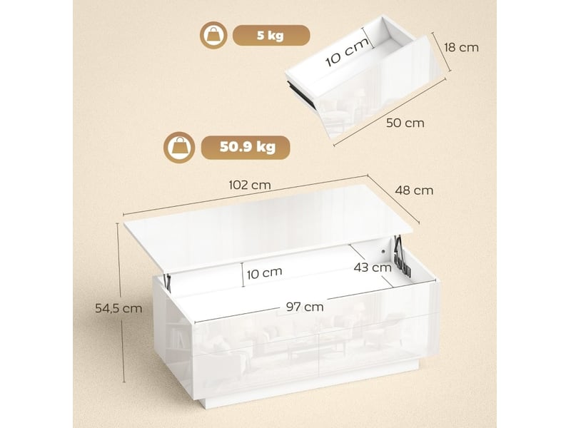  Table basse relevable avec 2 tiroirs et compartiment caché, plateau à 54,5 cm, blanc brillant, 102 × 48 × 40 cm  - Conforama E