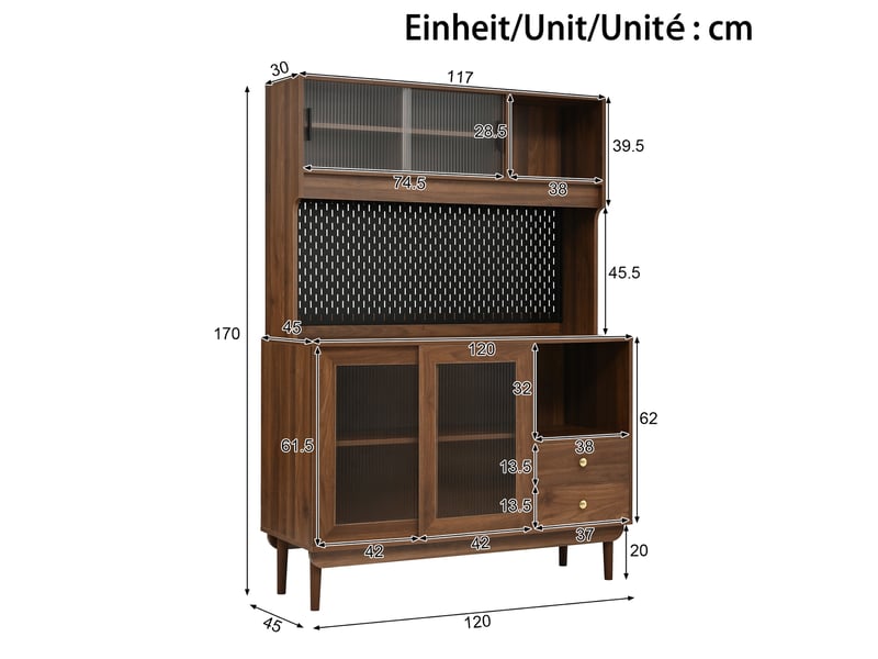  Buffet de cuisine - 170x120x45 cm - meuble de rangement avec portes coulissantes, panneau perforé, tiroirs et pieds en pin - noyer  - Conforama E