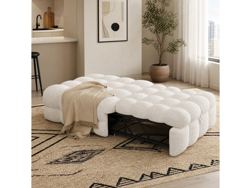  Lit banquette 1 place en tissu bouclette, convertible en pouf et canapé, 183x76 cm, sans matelas séparé, beige  - Conforama C