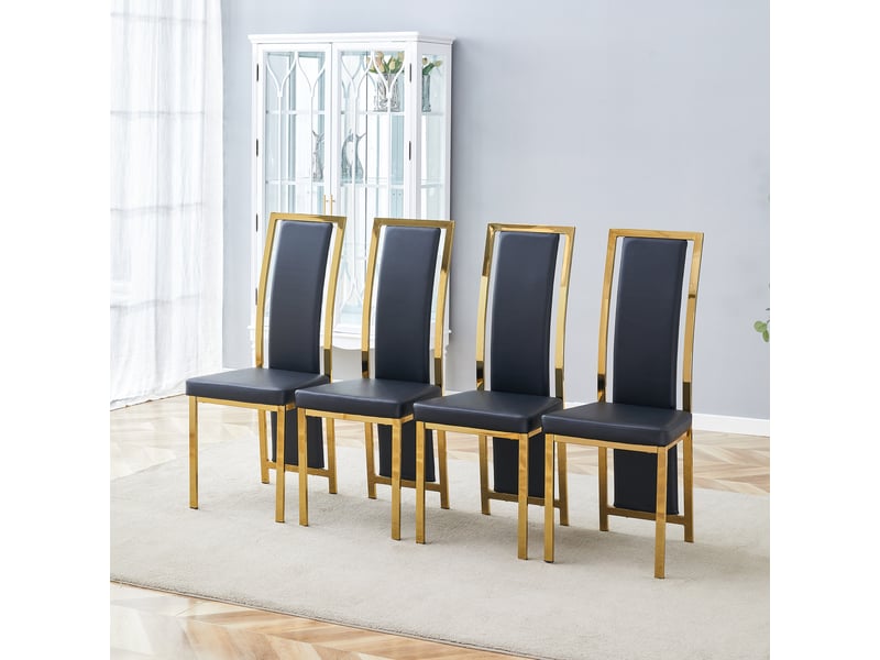  Lot de 4 chaises de salle à manger noires et dorées, revêtement en cuir pu et cadre en métal robuste, dossier haut 109 cm  - Conforama B