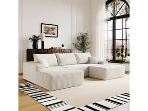 Canapé d’angle modulable 270 x 175 x 83 cm 3 places avec pouf, méridienne en l, assise profonde, sans montage, blanc