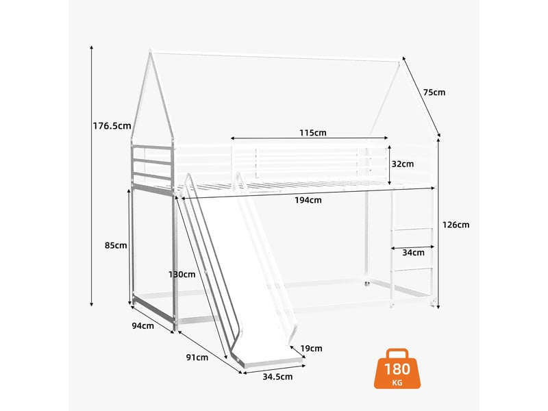  Lit superposé enfant 90x190cm - toboggan intégré - garde-corps 32cm - métal blanc - haute sécurité  - Conforama R