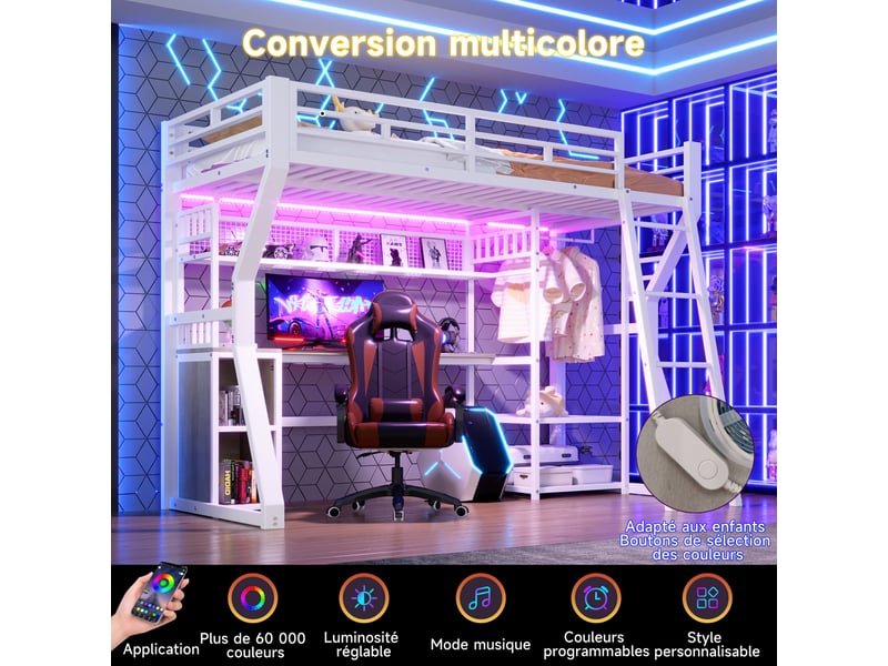  Lit mezzanine 90 × 200 cm 1 place avec bureau, prise, éclairage réglable et étagères, sans matelas, blanc  - Conforama B