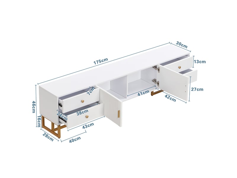  Meuble tv bas blanc 175 cm avec 4 tiroirs, 2 portes texturées et pieds dorés  - Conforama C