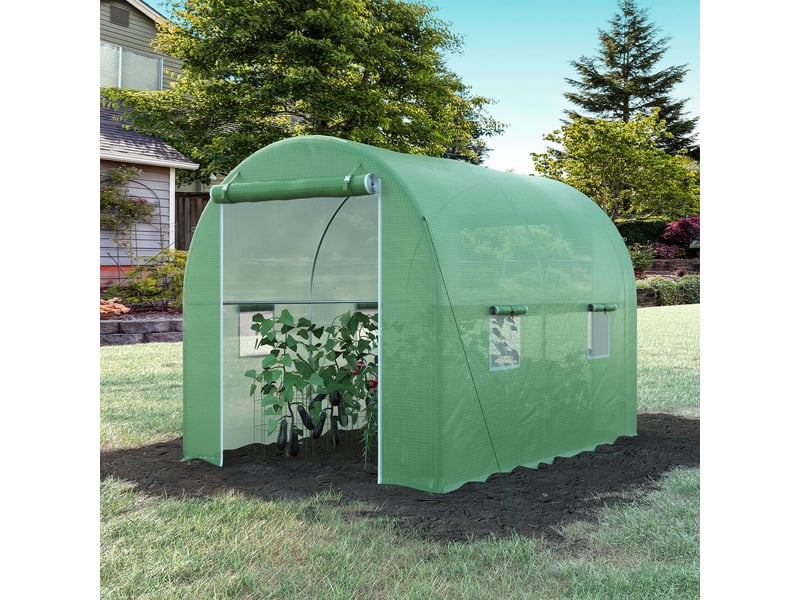  Serre de jardin tunnel surface sol 6 m² 3l x 2l x 2,10h m châssis tubulaire renforcé porte zippée 4 fenêtres enroulables vert  - Conforama D