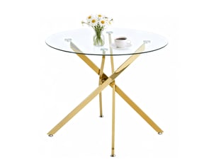 Table à manger ronde 80 cm en verre trempé, pieds métal doré réglables
