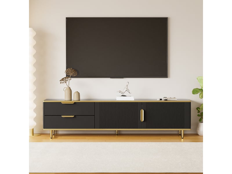  Meuble tv avec 2 tiroirs et 2 portes de rangement pour salon 170×45×37 cm en mdf noir et doré  - Conforama C