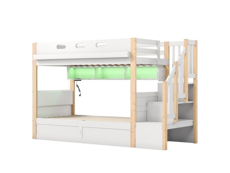  Lit superposé 90x200 cm avec escalier rangement et lit coffre hydraulique blanc  - Conforama R