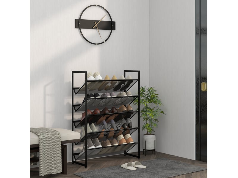 Meuble à chaussures à 5 étagères ajourées avec dos de protection pour entrée et salon, acier noir, 72 × 30 × 102 cm - Conforama C