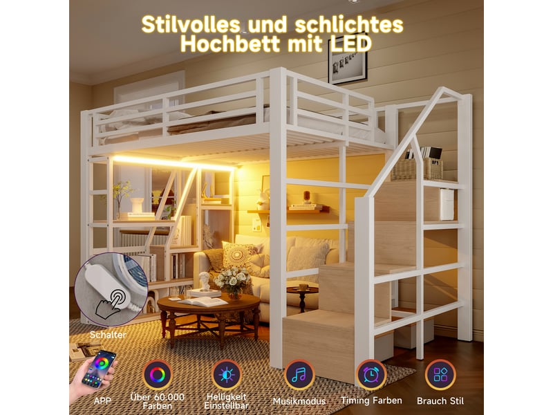  Lit mezzanine 140x200 cm avec bande lumineuse led et étagère, lit enfant avec barrières de sécurité, cadre de lit en fer, blanc  - Conforama C