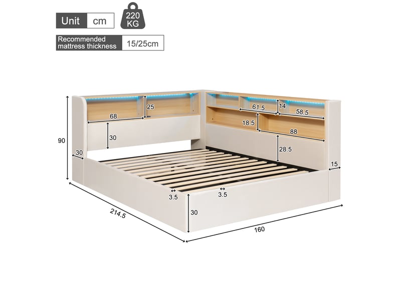  Lit banquette coffre 140x190 cm en velours beige avec led, usb et usb-c  - Conforama C