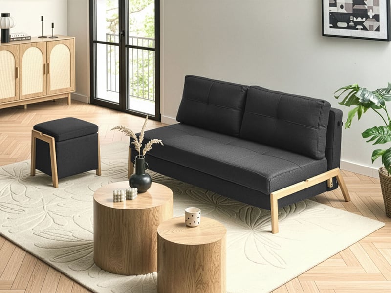Ensemble de salon 3 places edland tissu noir avec pouf - Conforama B