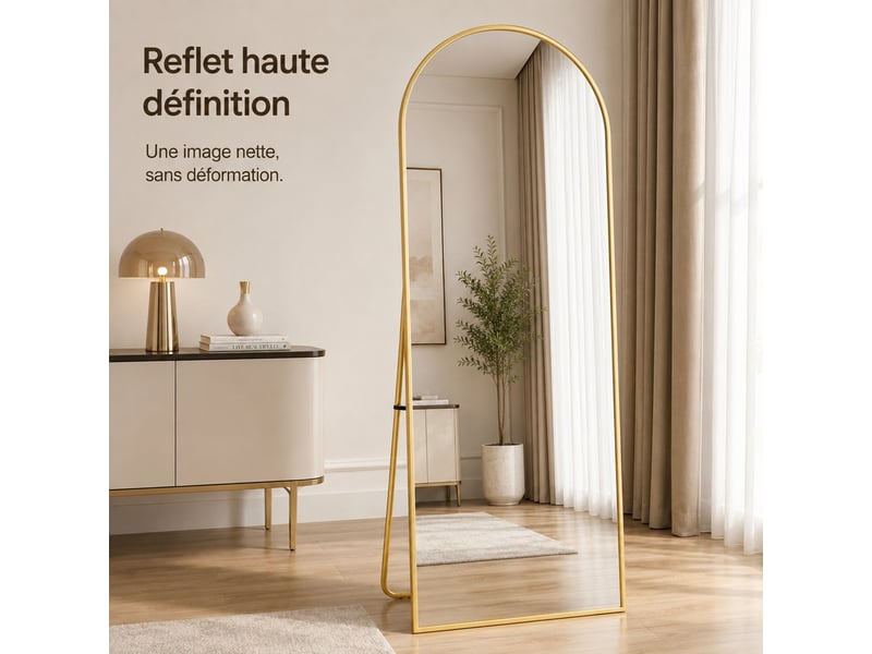  Miroir psyché arqué sur pied 173x63 cm, miroir pleine longueur arqué avec cadre en alliage d'aluminium, miroir de coiffeuse, miroir sur pied inclinable ou suspendu, doré  - Conforama D