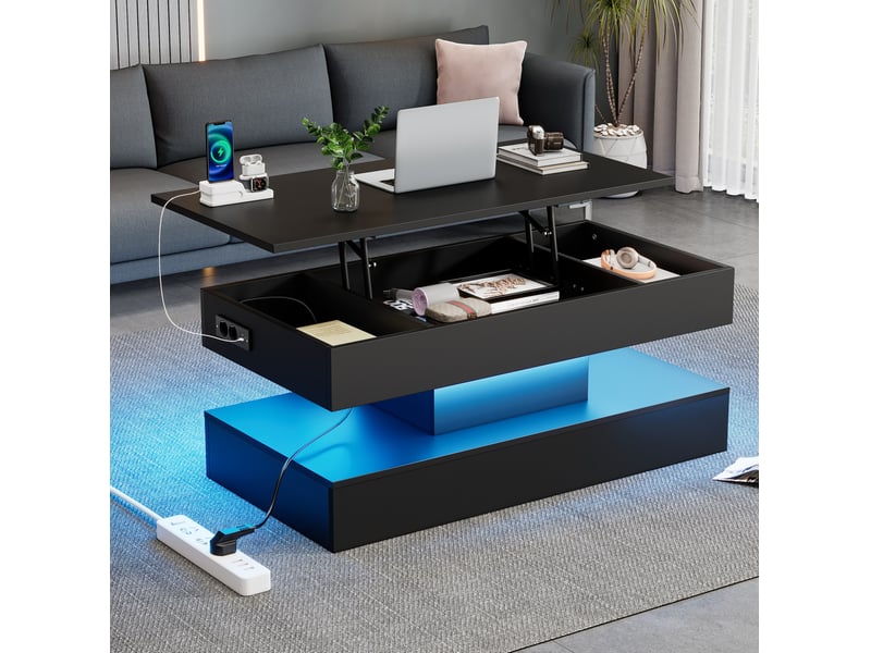  Table basse 100x50x42 cm relevable avec led bluetooth et rangement caché, noire  - Conforama B