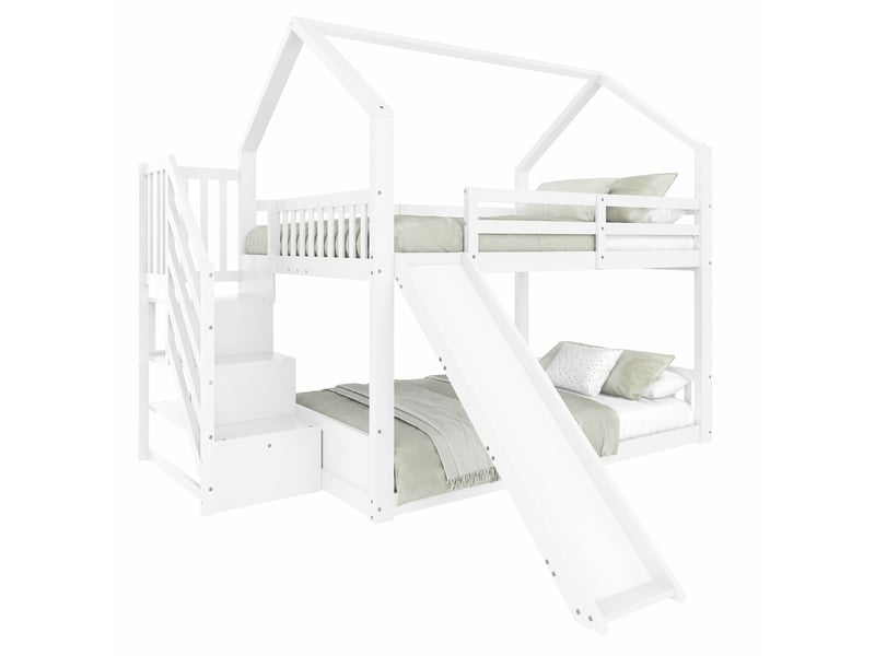  Lit superposé enfant 200×140 cm avec escalier de rangement et toboggan, sans matelas, en pin et mdf blanc et gris  - Conforama A