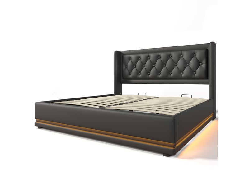 Lit coffre adulte 180x200 cm – noir – usb et usb type-c, led 3 côtés, sommier à lattes - sans matelas - Conforama D