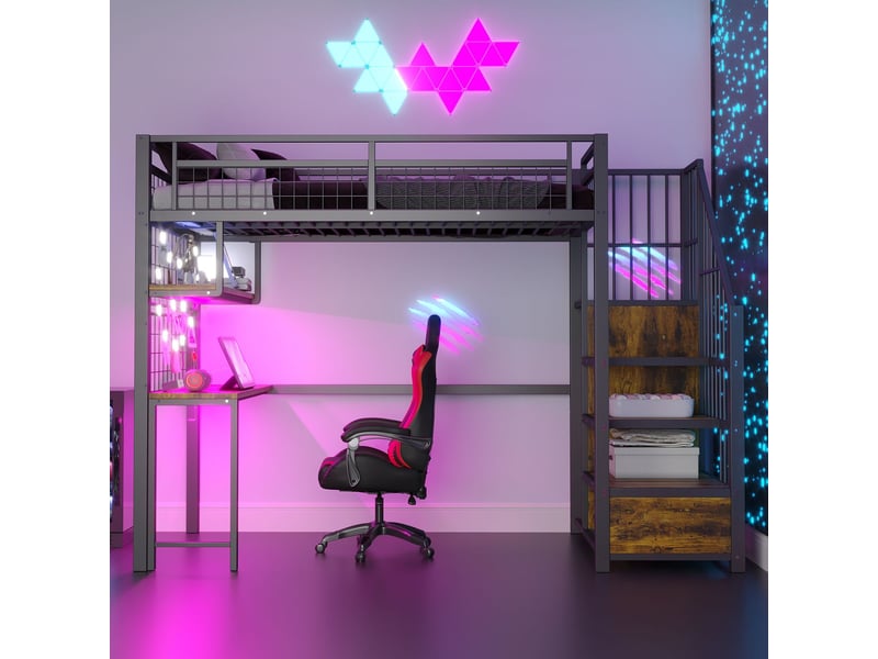  Lit mezzanine 90x200cm avec bureau, armoire et led - lit simple - métal noir, échelle rangement, prises intégrées  - Conforama B