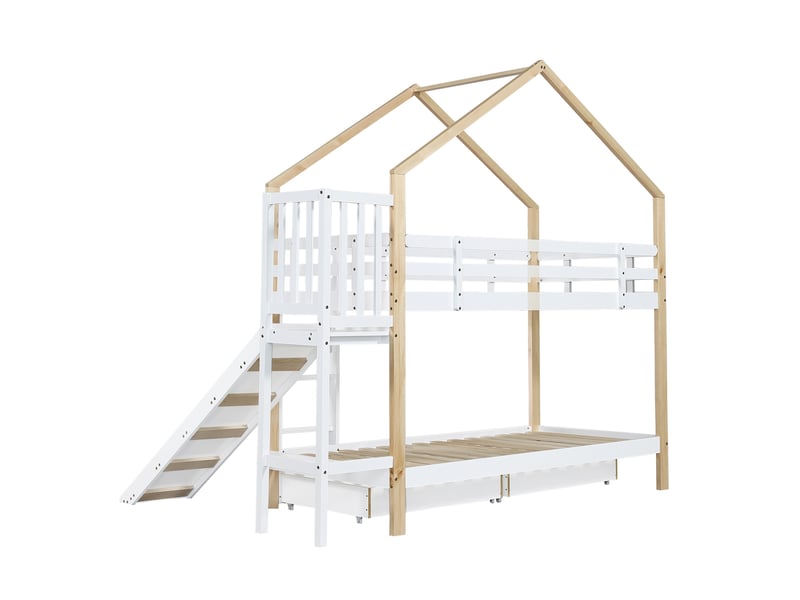 Lit superposé enfant 2x90x200 cm – blanc et naturel – toboggan, 2 tiroirs, échelle 3 marches - sans matelas - Conforama D
