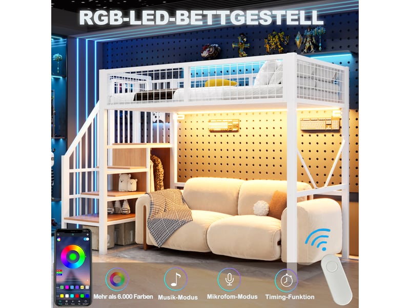Lit mezzanine enfant 1 place 90x200 cm lit adolescent lit simple en métal avec éclairage led escalier de rangement, blanc - Conforama E
