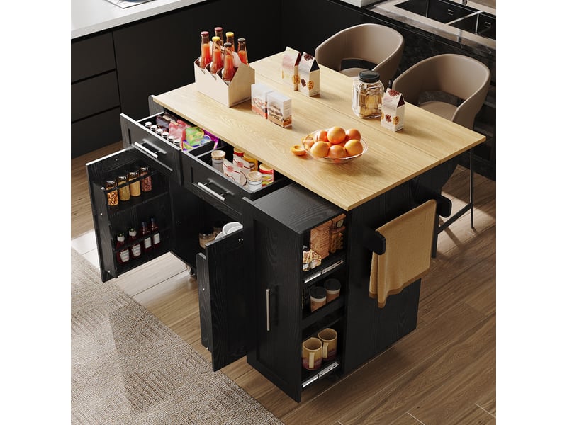 Îlot central de cuisine 110 x 4674 x 90.5 cm, avec plateau rabattable, étagères de rangement et roulettes, noir - Conforama B