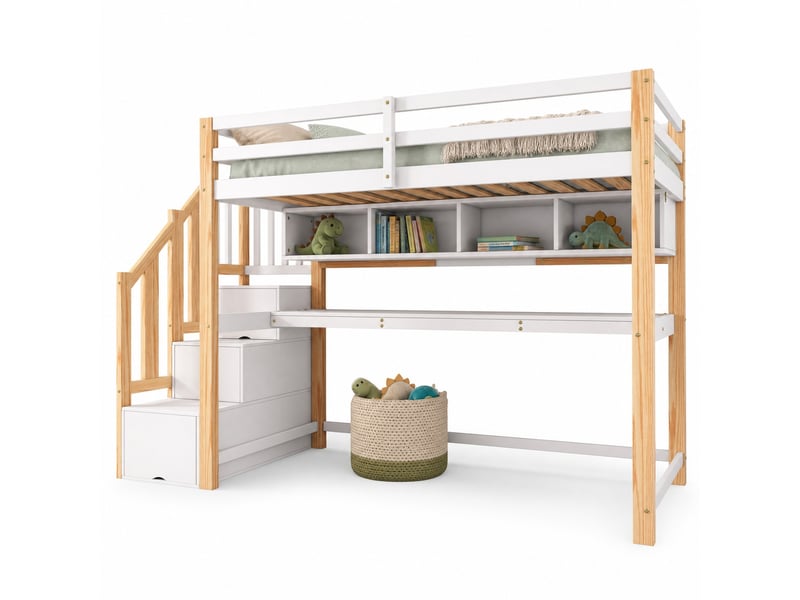  Lit mezzanine enfant 90x200 cm avec bureau, étagères et escalier, blanc et chêne  - Conforama A