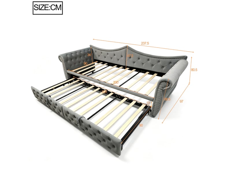  Lit gigogne 3-en-1 90x200 cm en velours gris avec usb et led, sans matelas  - Conforama C