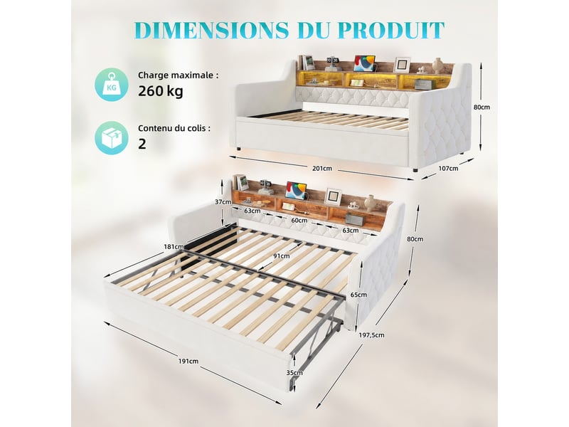  Lit banquette 1 place 90×190 cm en velours avec lit gigogne, rangement, led, usb et type-c, sans matelas, beige  - Conforama D