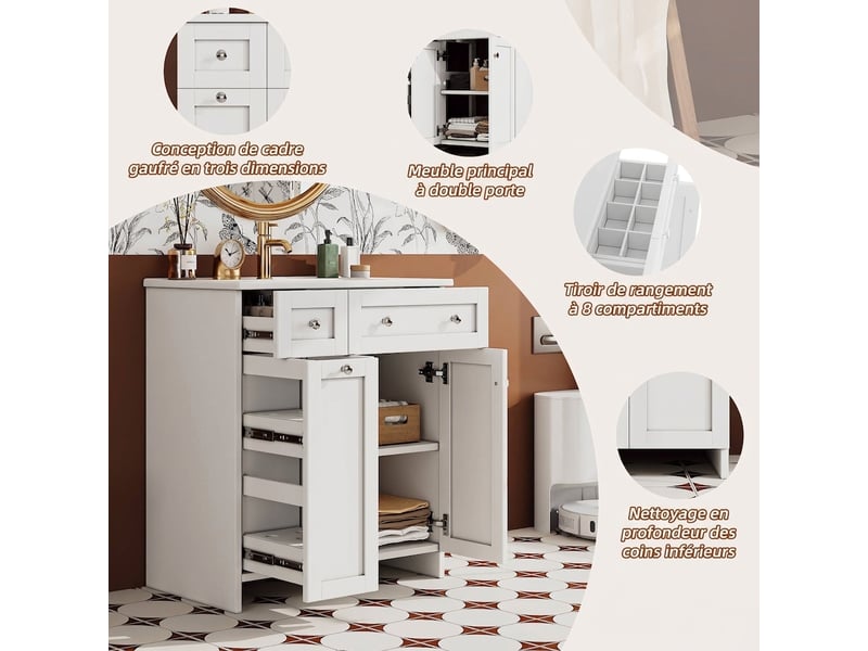  Meuble salle de bain sur pied 76x47x86 cm vasque en céramique blanc laqué  - Conforama C