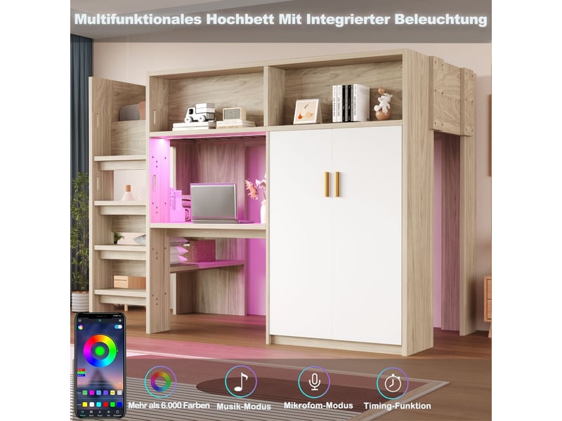  Lit combine enfant 90x200, échelle sécurisée lit enfant, bureau intégré, armoire 2 portes, led ambiance, rangements multiples  - Conforama E