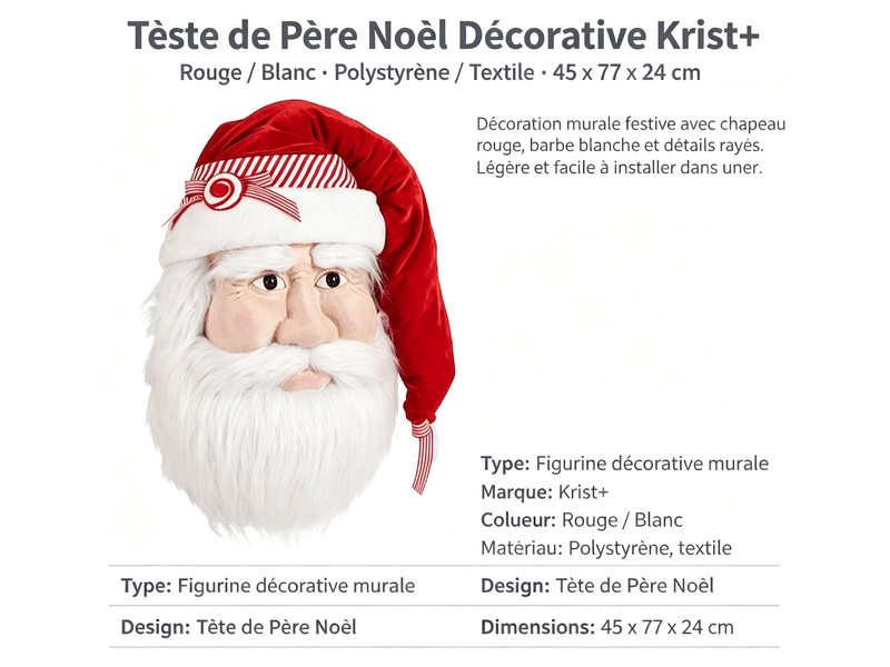  Tête de père noël décorative krist+ rouge blanc 45 x 77 x 24 cm V3402192 - Conforama E